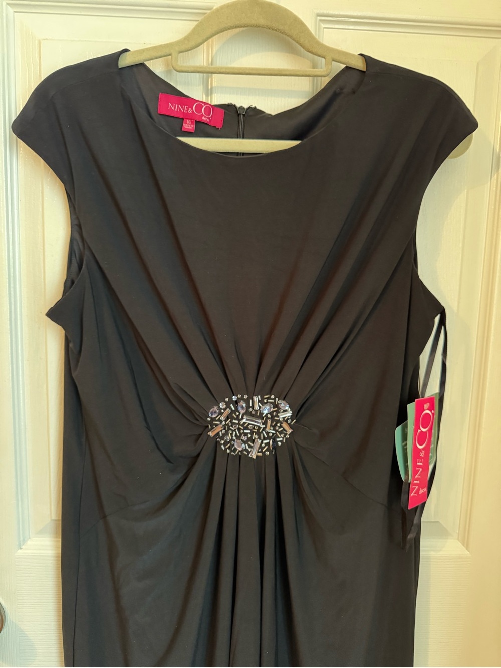 NWT Nine & Co. Black Ruched Sheath Dress with Beaded Waist Detail - Cap Sleeve - Picture 5 of 14